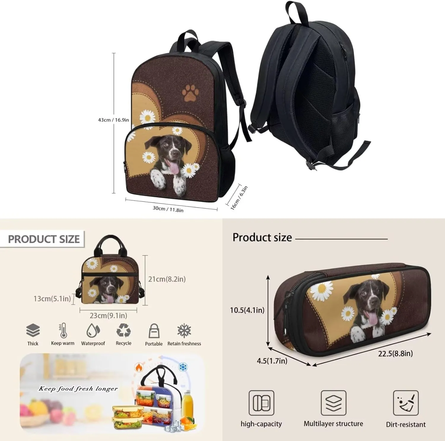 Cute Girls Backpack with Lunch Box Pencil Case Multi Pockets Large Floral Dog Print Brown School Backpack and Lunch Bag Set for Girls Student Lightweight Basic Comfy Book Bag 17 Inch