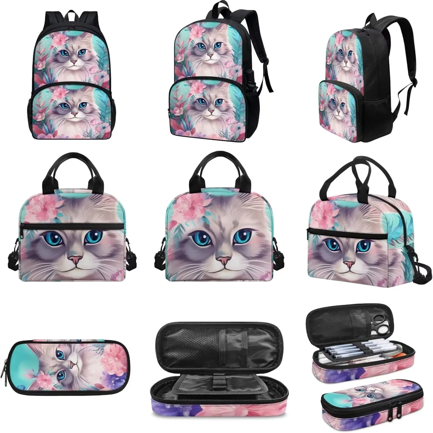 Cute Girls Backpack with Lunch Box Pencil Case Multi Pockets Large Green Floral Beautiful Cat Print School Backpack and Lunch Bag Set for Girls Student Lightweight Basic Comfy Book Bag 17 Inch