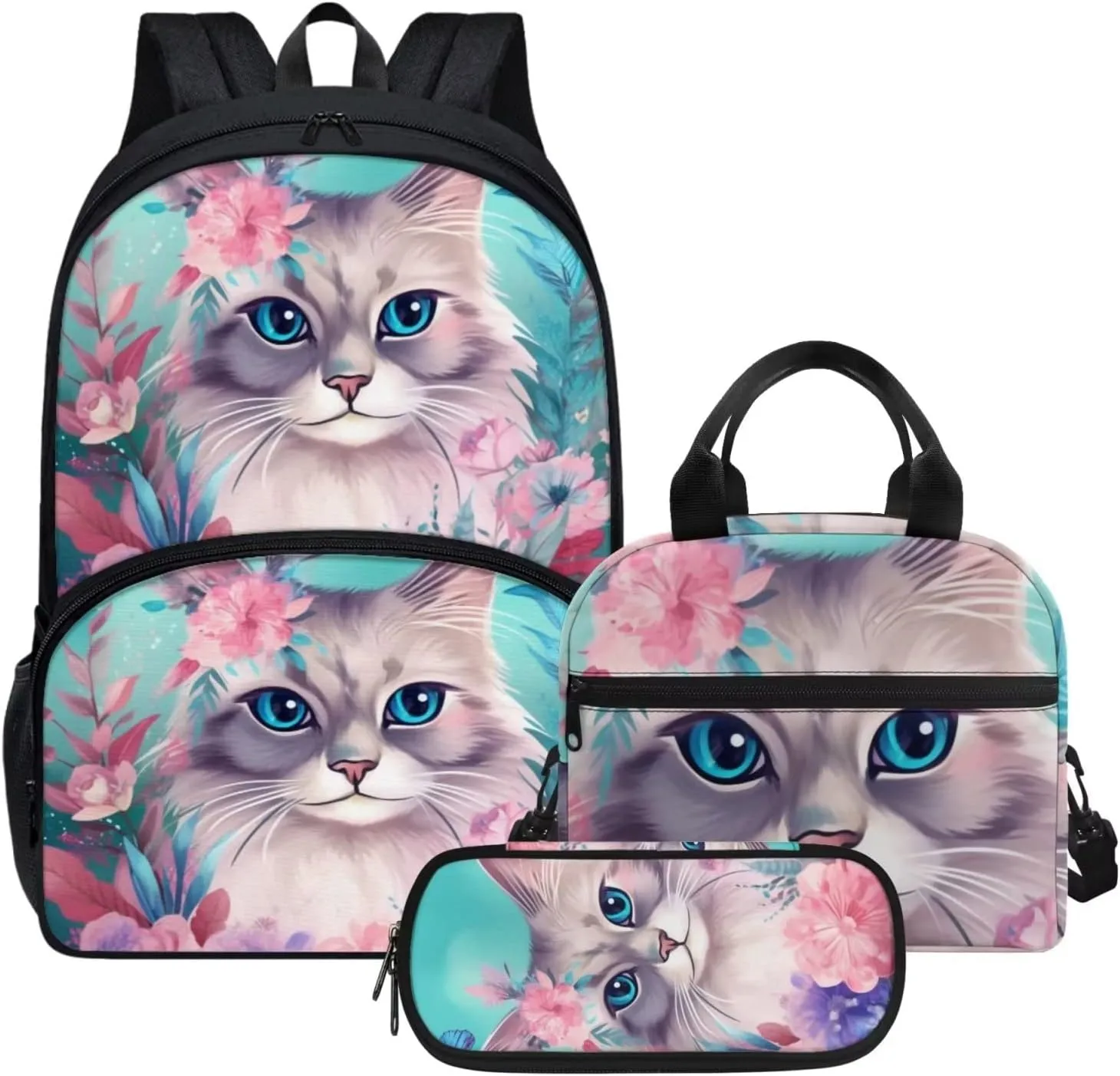 Cute Girls Backpack with Lunch Box Pencil Case Multi Pockets Large Green Floral Beautiful Cat Print School Backpack and Lunch Bag Set for Girls Student Lightweight Basic Comfy Book Bag 17 Inch