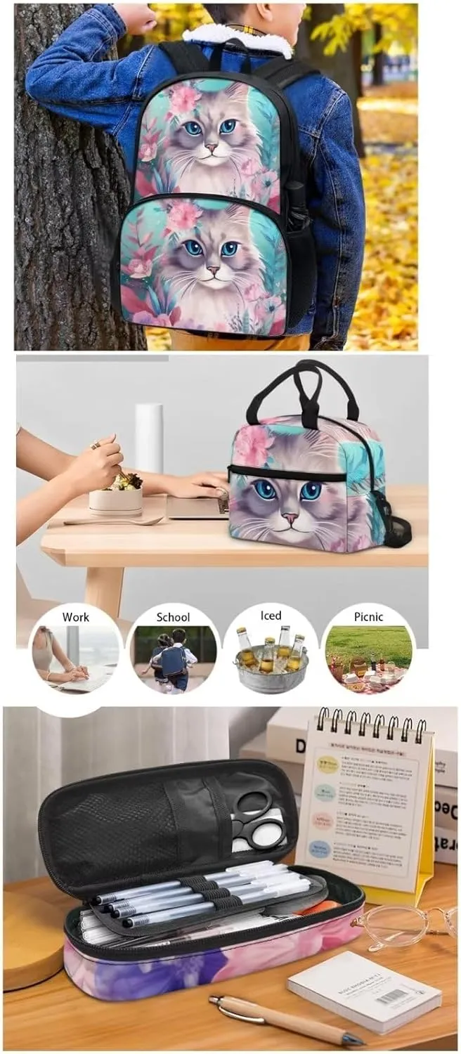 Cute Girls Backpack with Lunch Box Pencil Case Multi Pockets Large Green Floral Beautiful Cat Print School Backpack and Lunch Bag Set for Girls Student Lightweight Basic Comfy Book Bag 17 Inch