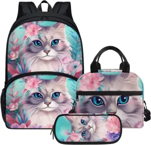 Cute Girls Backpack with Lunch Box Pencil Case Multi Pockets Large Green Floral Beautiful Cat Print School Backpack and Lunch Bag Set for Girls Student Lightweight Basic Comfy Book Bag 17 Inch