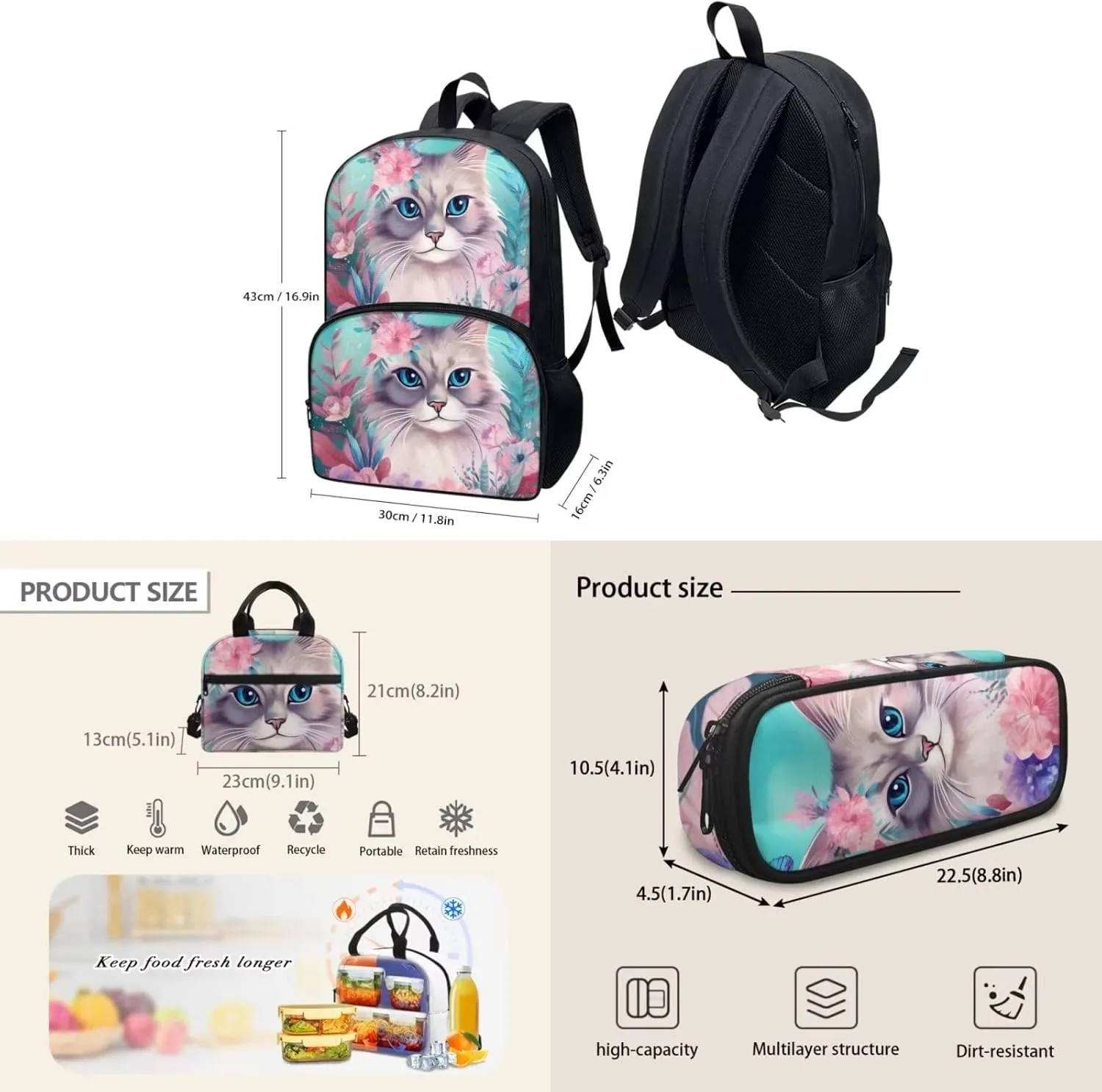 Cute Girls Backpack with Lunch Box Pencil Case Multi Pockets Large Green Floral Beautiful Cat Print School Backpack and Lunch Bag Set for Girls Student Lightweight Basic Comfy Book Bag 17 Inch
