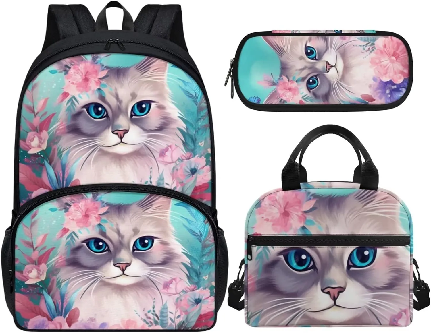 Cute Girls Backpack with Lunch Box Pencil Case Multi Pockets Large Green Floral Beautiful Cat Print School Backpack and Lunch Bag Set for Girls Student Lightweight Basic Comfy Book Bag 17 Inch