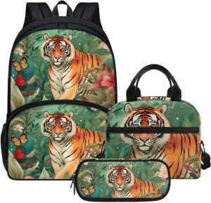Cute Girls Backpack with Lunch Box Pencil Case Multi Pockets Large Green Floral Tiger School Backpack and Lunch Bag Set for Girls Student Lightweight Basic Comfy Book Bag 17 Inch