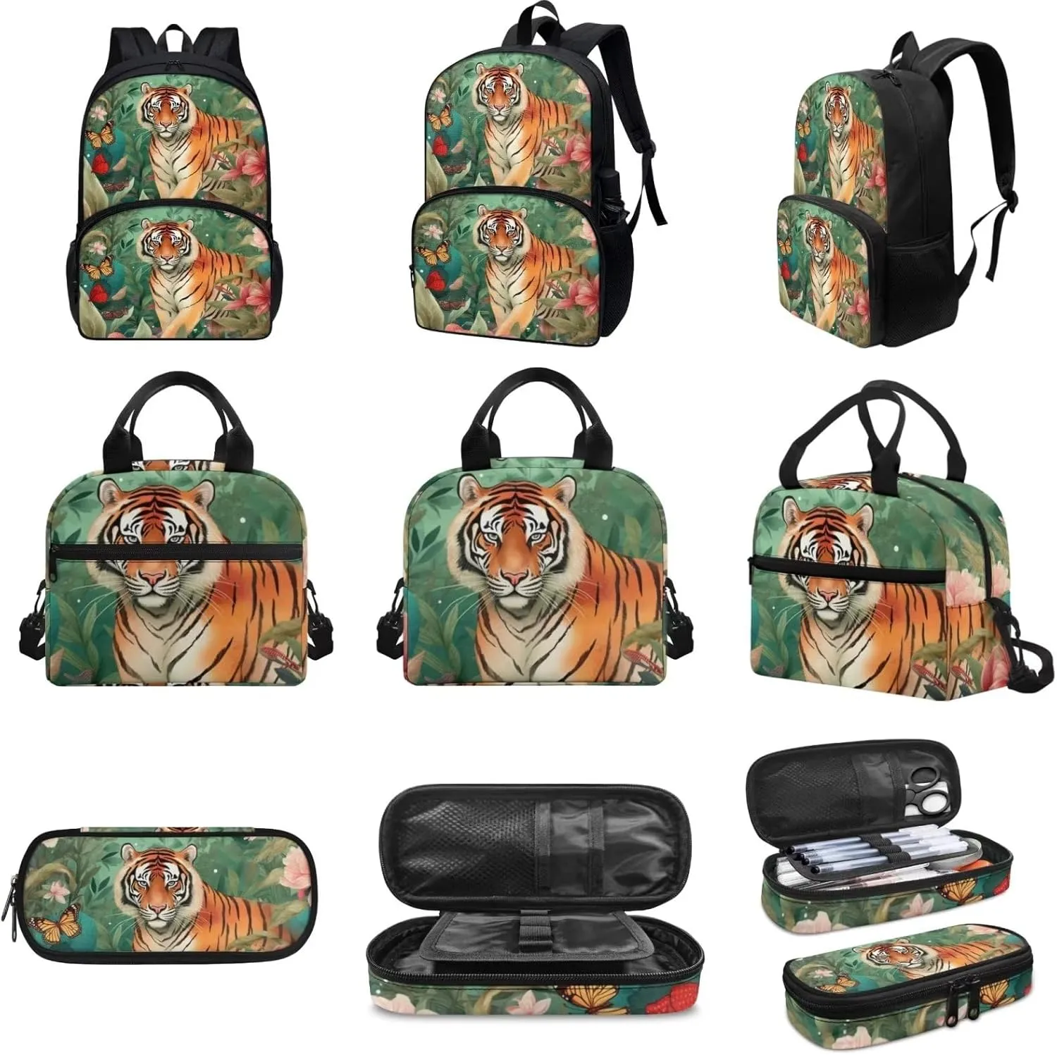 Cute Girls Backpack with Lunch Box Pencil Case Multi Pockets Large Green Floral Tiger School Backpack and Lunch Bag Set for Girls Student Lightweight Basic Comfy Book Bag 17 Inch