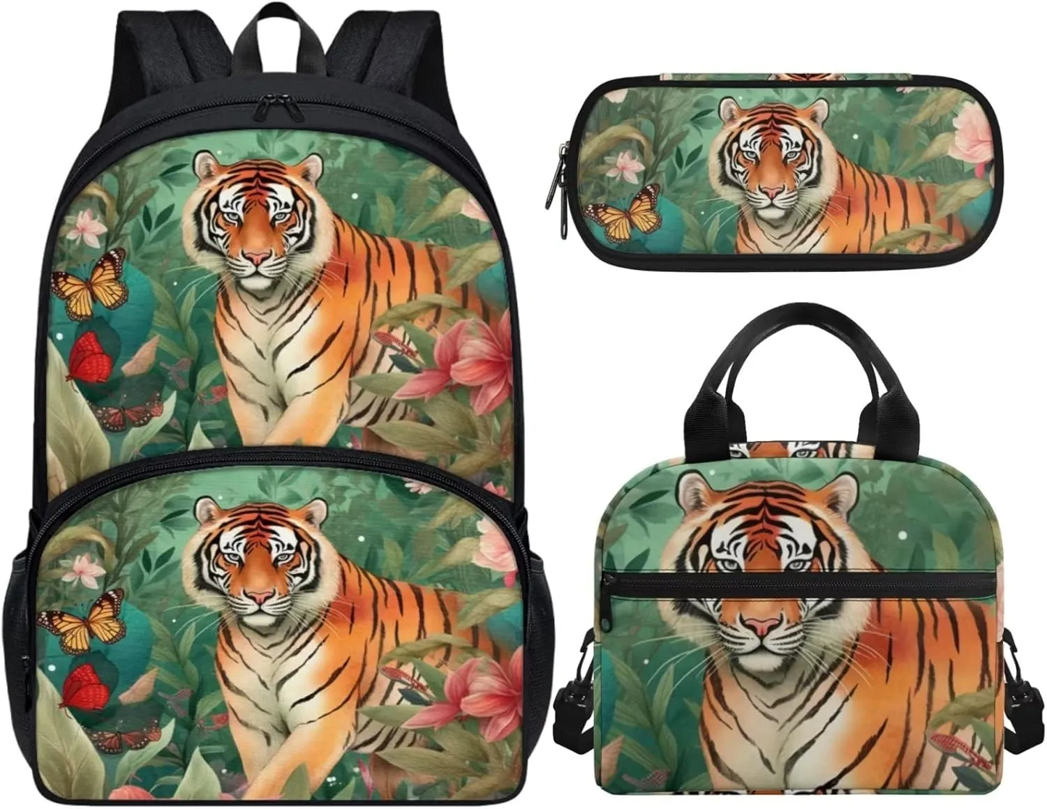 Cute Girls Backpack with Lunch Box Pencil Case Multi Pockets Large Green Floral Tiger School Backpack and Lunch Bag Set for Girls Student Lightweight Basic Comfy Book Bag 17 Inch