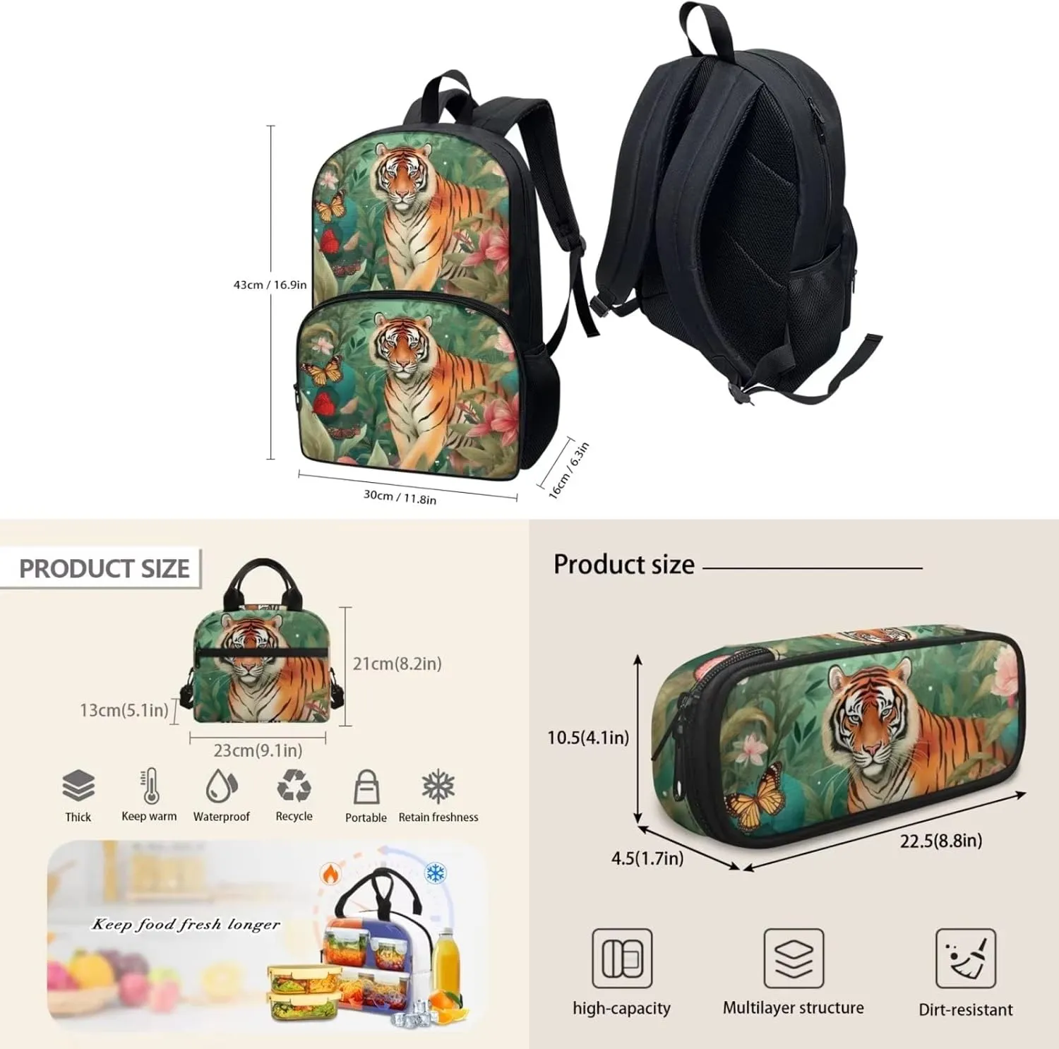 Cute Girls Backpack with Lunch Box Pencil Case Multi Pockets Large Green Floral Tiger School Backpack and Lunch Bag Set for Girls Student Lightweight Basic Comfy Book Bag 17 Inch
