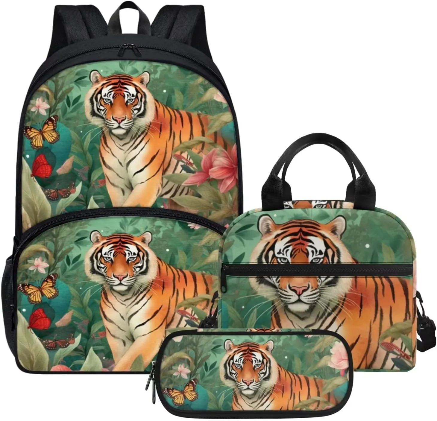Cute Girls Backpack with Lunch Box Pencil Case Multi Pockets Large Green Floral Tiger School Backpack and Lunch Bag Set for Girls Student Lightweight Basic Comfy Book Bag 17 Inch
