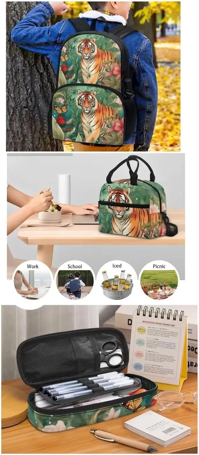 Cute Girls Backpack with Lunch Box Pencil Case Multi Pockets Large Green Floral Tiger School Backpack and Lunch Bag Set for Girls Student Lightweight Basic Comfy Book Bag 17 Inch