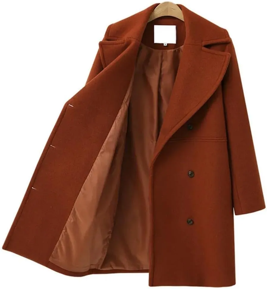 Deepsko Women's Wool Blend Coat Winter Long Thickened Blended Double-Breasted Solid Color Pea Coat