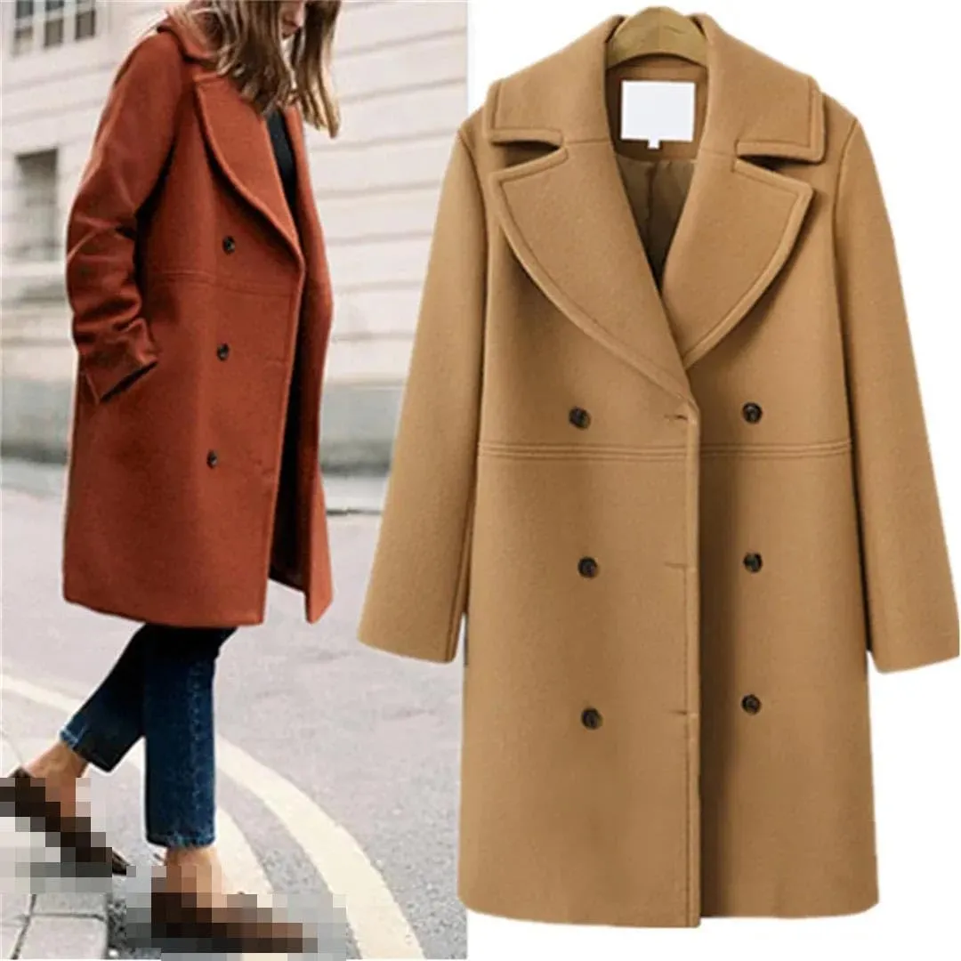 Deepsko Women's Wool Blend Coat Winter Long Thickened Blended Double-Breasted Solid Color Pea Coat