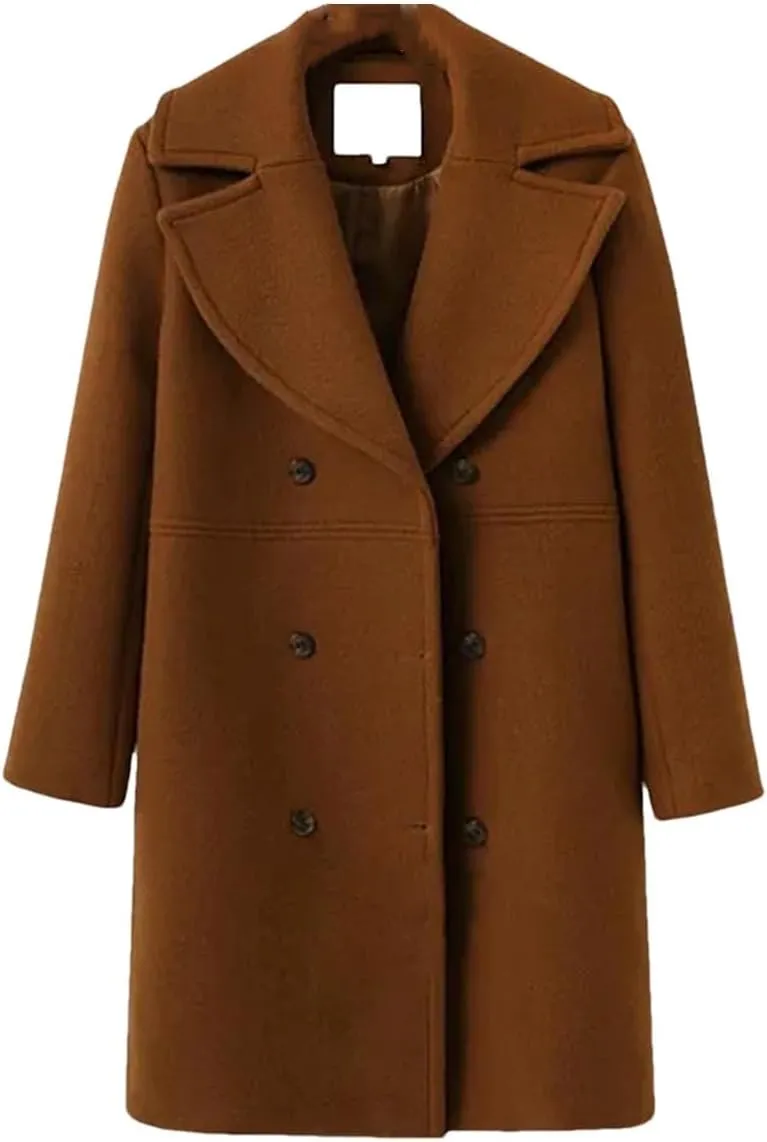 Deepsko Women's Wool Blend Coat Winter Long Thickened Blended Double-Breasted Solid Color Pea Coat