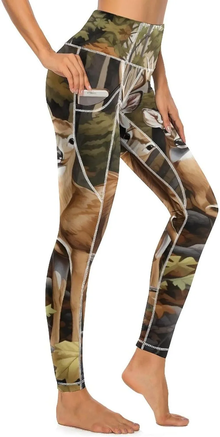Deer in The Forest Women's Yoga Pants Leggings with Pockets High Waist Compression Workout Pants