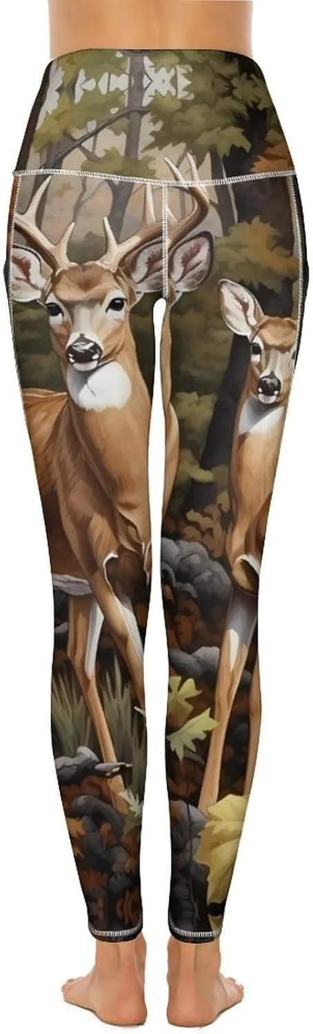 Deer in The Forest Women's Yoga Pants Leggings with Pockets High Waist Compression Workout Pants