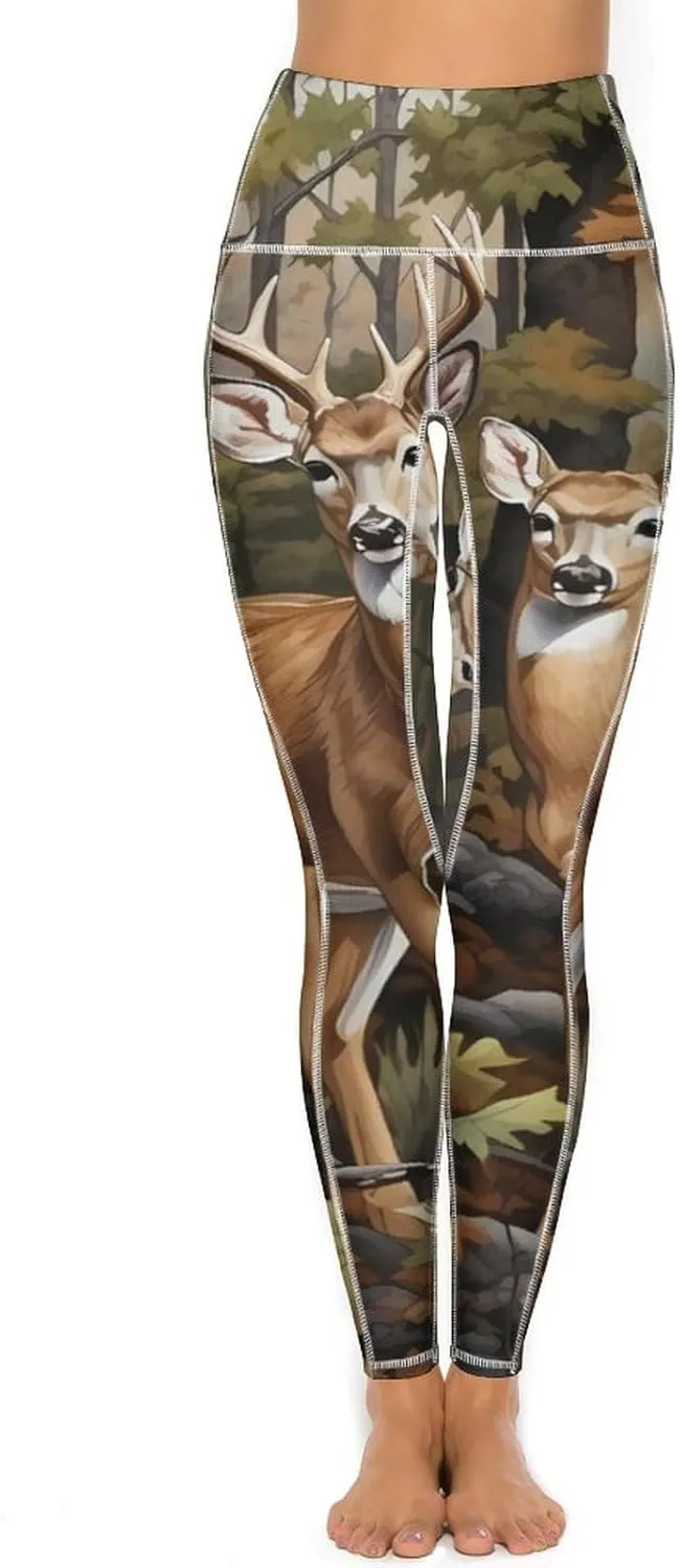 Deer in The Forest Women's Yoga Pants Leggings with Pockets High Waist Compression Workout Pants