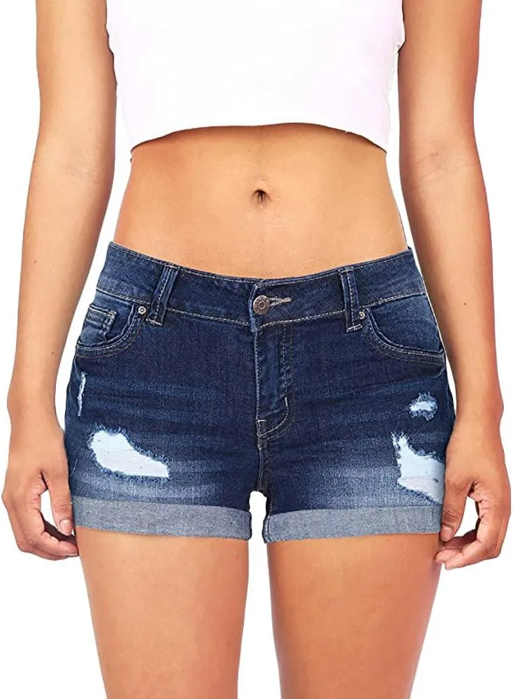 Denim Shorts Women Mid Rise Ripped Jean Shorts Stretchy Folded Hem Hot Short Jeans