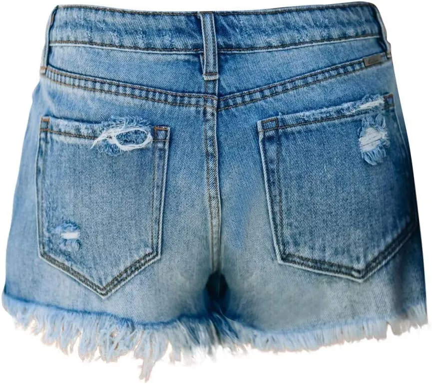 Denim Shorts Women Mid Rise Ripped Jean Shorts Stretchy Folded Hem Hot Short Jeans