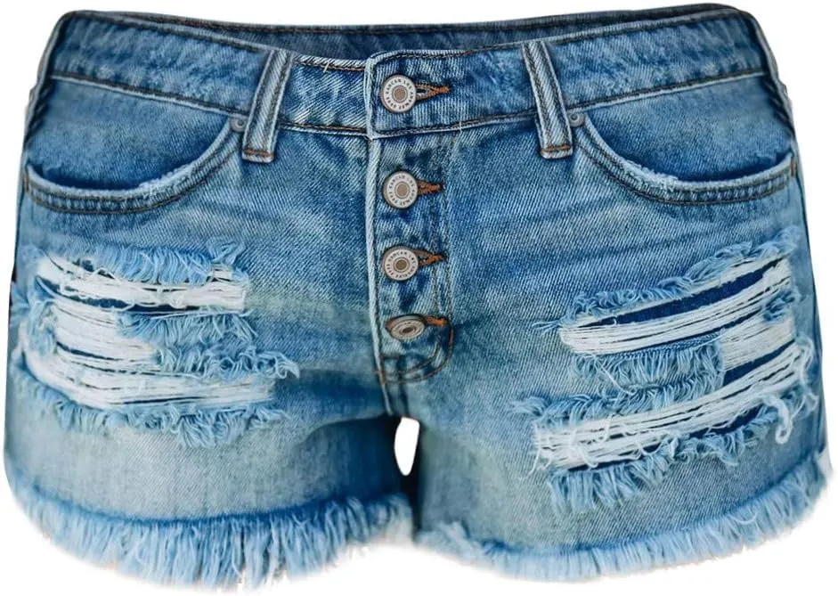Denim Shorts Women Mid Rise Ripped Jean Shorts Stretchy Folded Hem Hot Short Jeans