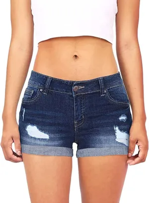 Denim Shorts Women Mid Rise Ripped Jean Shorts Stretchy Folded Hem Hot Short Jeans