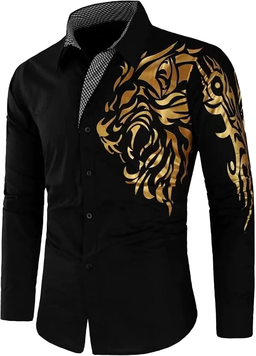 DGHM-JLMY Men's Totem Gold Printed Long Sleeve Shirt Hipster Slim Fit Button Up Party Dress Shirts Gold Shiny Stylish Shirt