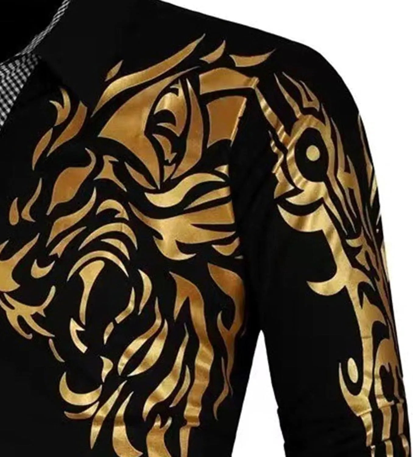 DGHM-JLMY Men's Totem Gold Printed Long Sleeve Shirt Hipster Slim Fit Button Up Party Dress Shirts Gold Shiny Stylish Shirt