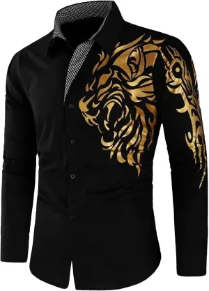 DGHM-JLMY Men's Totem Gold Printed Long Sleeve Shirt Hipster Slim Fit Button Up Party Dress Shirts Gold Shiny Stylish Shirt