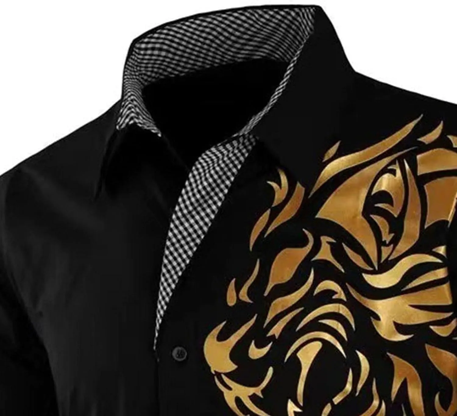 DGHM-JLMY Men's Totem Gold Printed Long Sleeve Shirt Hipster Slim Fit Button Up Party Dress Shirts Gold Shiny Stylish Shirt