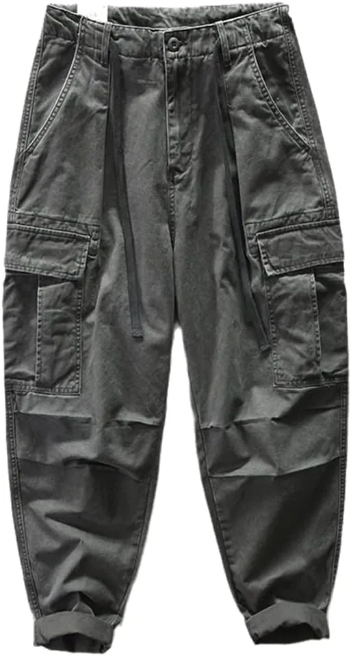 Disimlarl Men's Wide Leg Loose Casual Cargo Pants Cotton Comfortable Multi Pocket Trousers