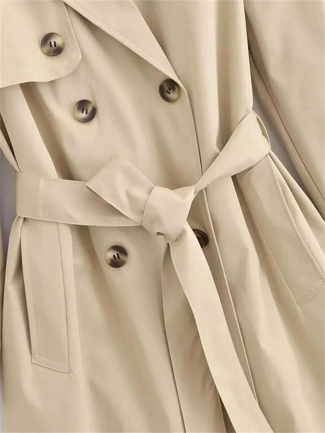 Disimlarl Women Loose With Belt Coat Medium Length Double Breasted Overcoat Solid Notched Collar Outwear