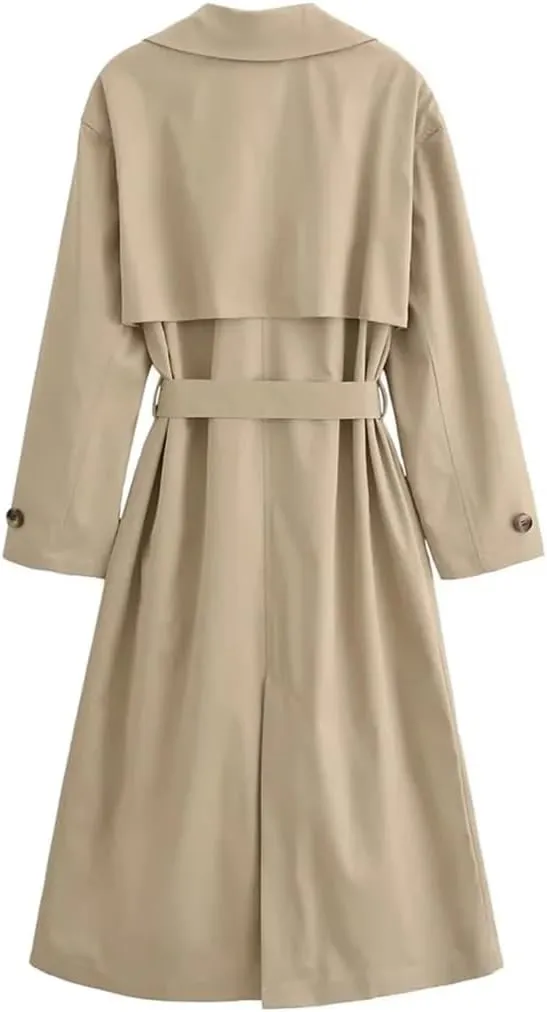Disimlarl Women Loose With Belt Coat Medium Length Double Breasted Overcoat Solid Notched Collar Outwear