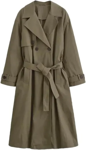 Disimlarl Women Loose With Belt Coat Medium Length Double Breasted Overcoat Solid Notched Collar Outwear