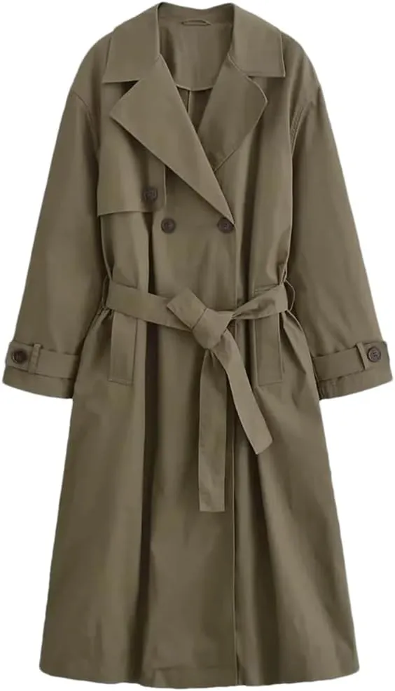 Disimlarl Women Loose With Belt Coat Medium Length Double Breasted Overcoat Solid Notched Collar Outwear