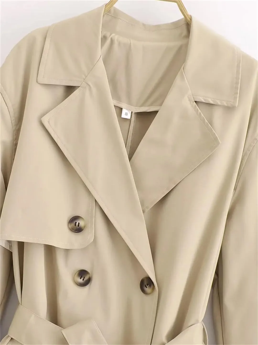 Disimlarl Women Loose With Belt Coat Medium Length Double Breasted Overcoat Solid Notched Collar Outwear