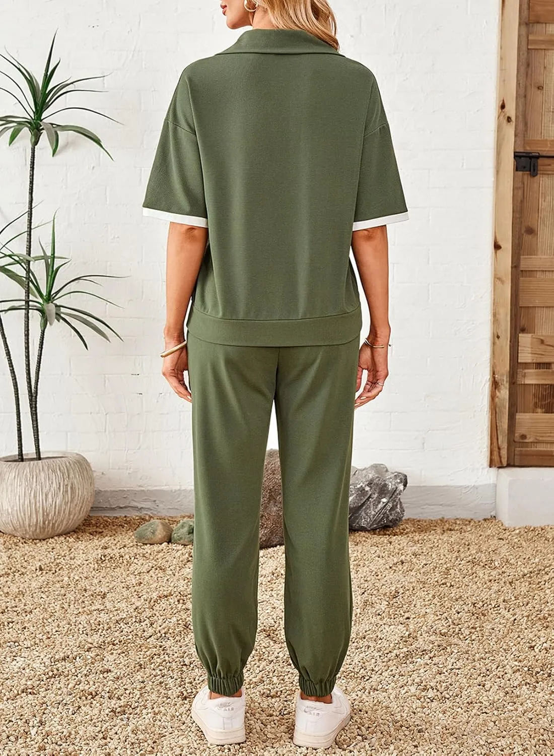 Dokotoo 2 Piece Sets for Women Summer Lapel V Neck Short Sleeve Tops Long Pants Tracksuit Lounge Jogger Set with Pockets