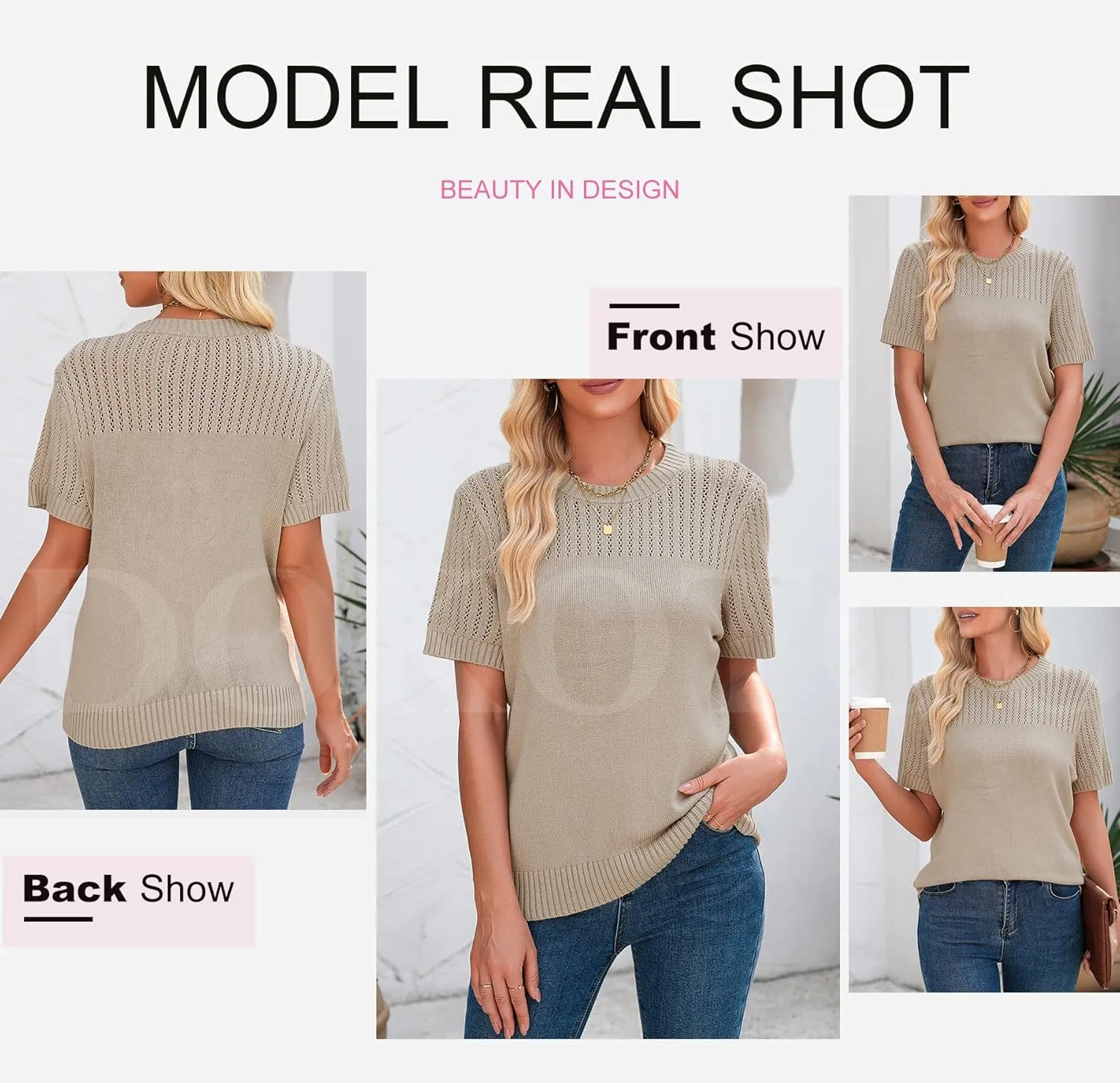 Dokotoo Womens Summer Tops Dressy Casual Crewneck Short Sleeve Shirts Solid Hollow Out Knit Loose Sweater Blouses