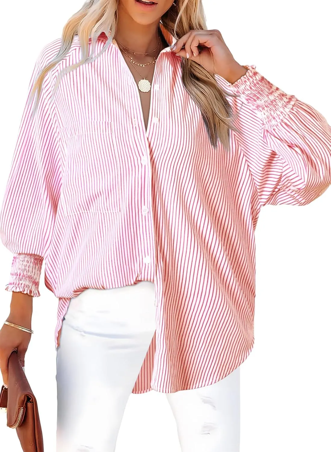 Dokotoo Womens V Neck Striped Button Down Shirts Long Sleeve Tunic Tops
