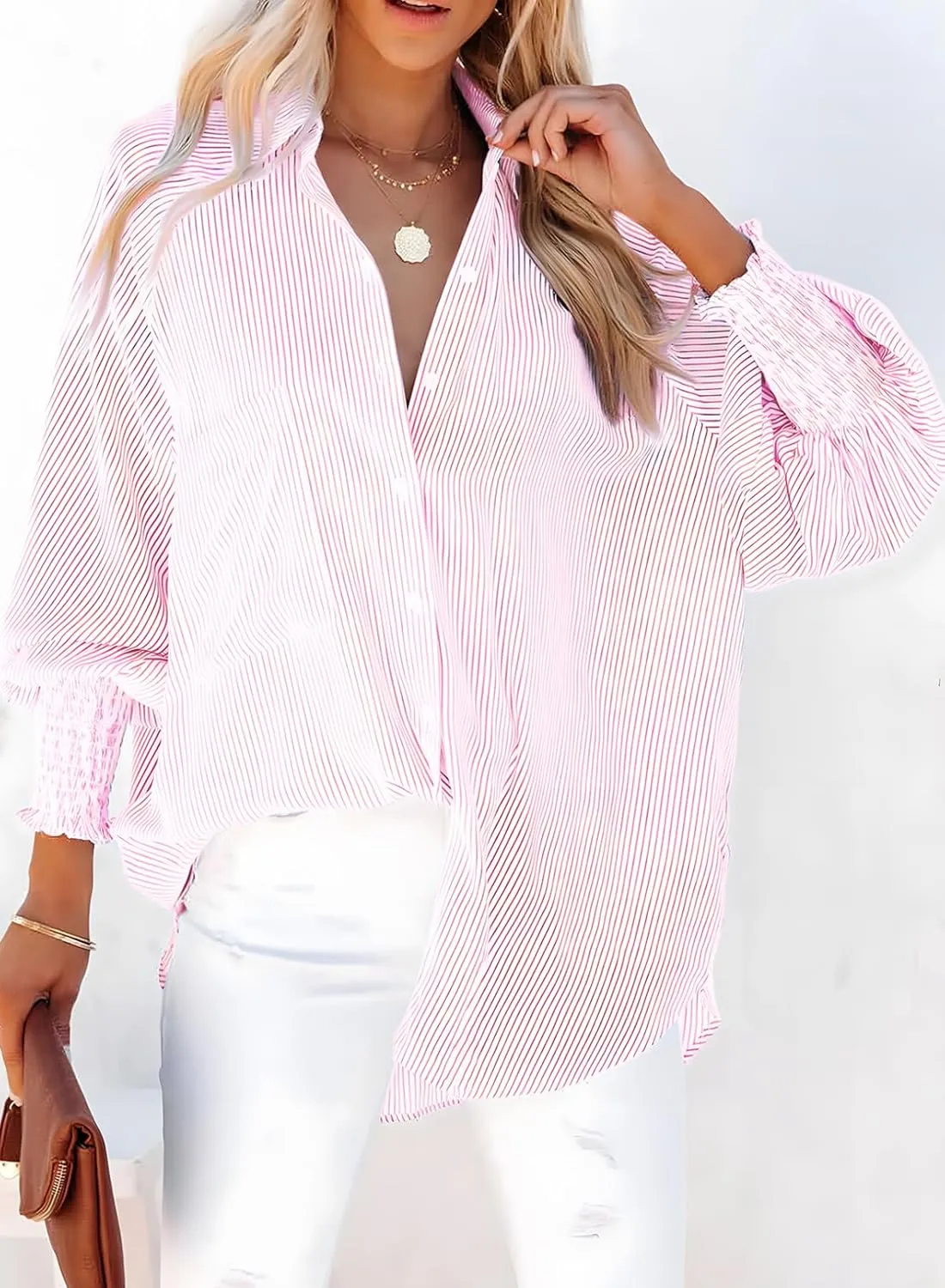Dokotoo Womens V Neck Striped Button Down Shirts Long Sleeve Tunic Tops