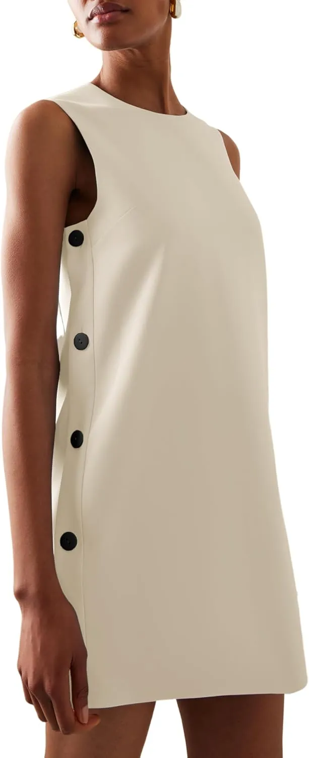 Dqbeng Women's Casual Mini Shift Dress Tunic A-Line Sleeveless Buttoned Summer Dresses with Back Zipper