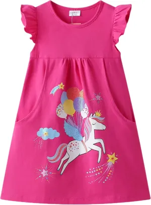 DXTON Toddler Girls Dresses Easter Rainbow Short Sleeve Cotton Casual Summer Birthday School Sundress