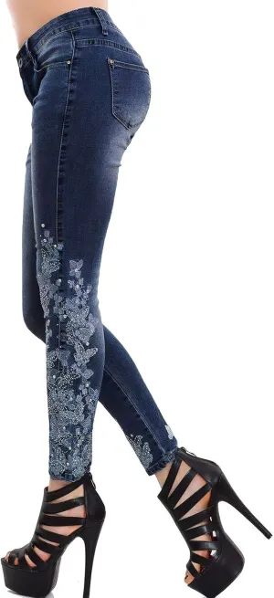 ebossy Women's Cute Embroidery Lace Denim Pants High Waist Slim Fit Tapered Leg Pencil Jeans