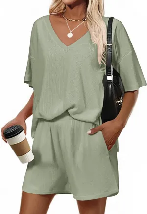 Ekouaer Lounge Set 2025 Summer 2 Piece Set Ribbed Knit Shorts Set Short Sleeve Outfit with Pockets