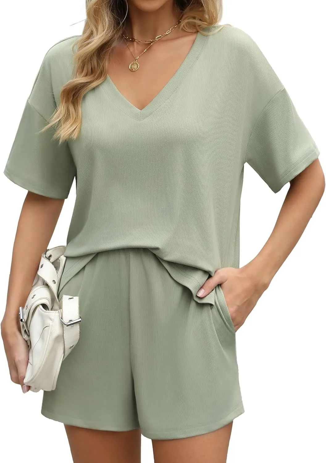 Ekouaer Lounge Set 2025 Summer 2 Piece Set Ribbed Knit Shorts Set Short Sleeve Outfit with Pockets