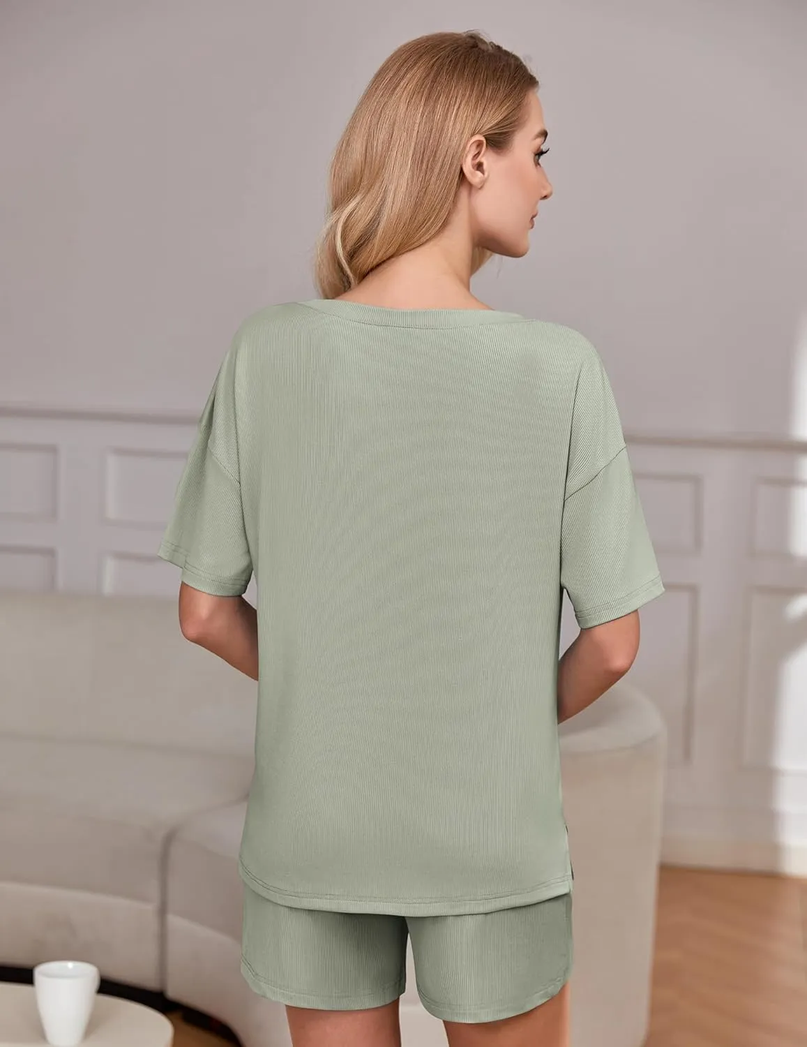 Ekouaer Lounge Set 2025 Summer 2 Piece Set Ribbed Knit Shorts Set Short Sleeve Outfit with Pockets