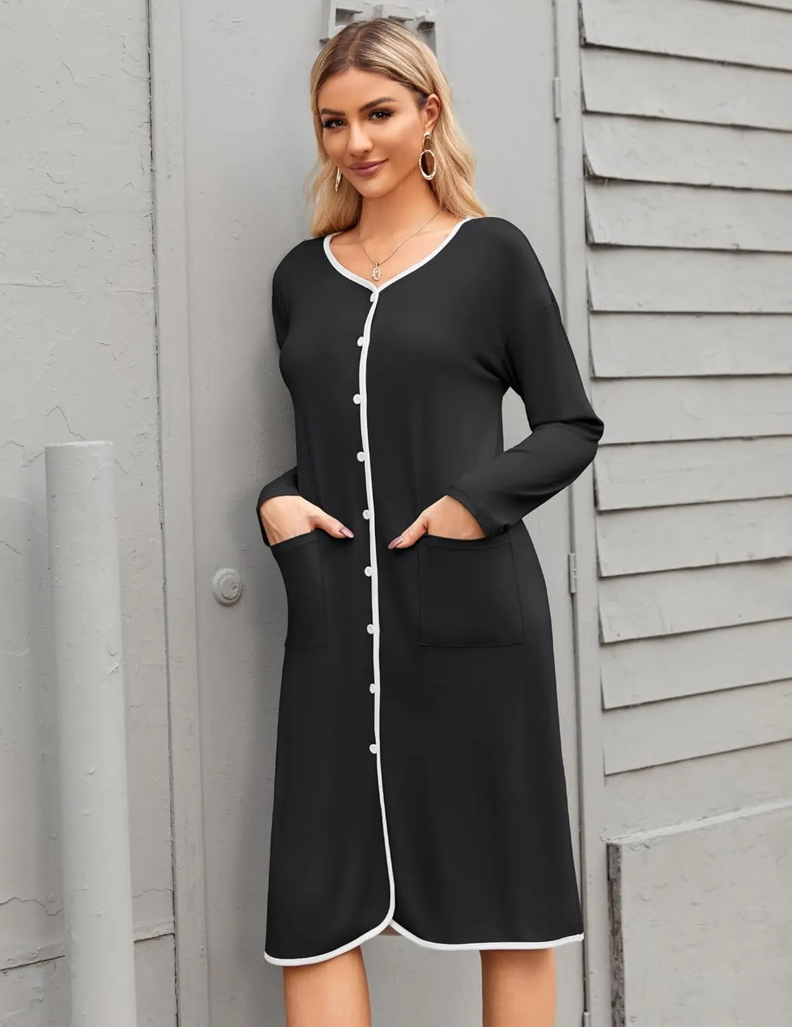 Ekouaer Nightgowns for Women Button Down Sleepshirt Long Sleeve Nightshirt V Neck Pajama Dress Nightdress with Pockets S-XXL