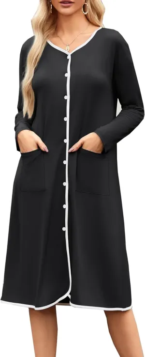 Ekouaer Nightgowns for Women Button Down Sleepshirt Long Sleeve Nightshirt V Neck Pajama Dress Nightdress with Pockets S-XXL