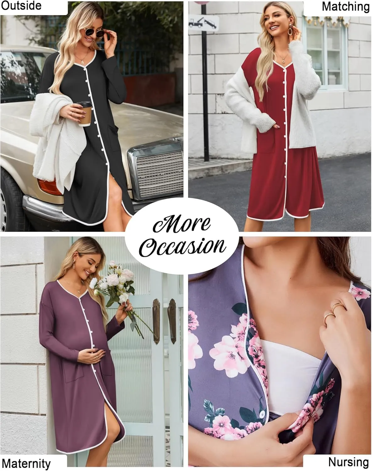 Ekouaer Nightgowns for Women Button Down Sleepshirt Long Sleeve Nightshirt V Neck Pajama Dress Nightdress with Pockets S-XXL