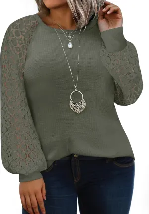 Eytino Plus Size Tops for Women Lace Long Sleeve Round Neck Casual Loose Blouses T Shirts(1X-5X)