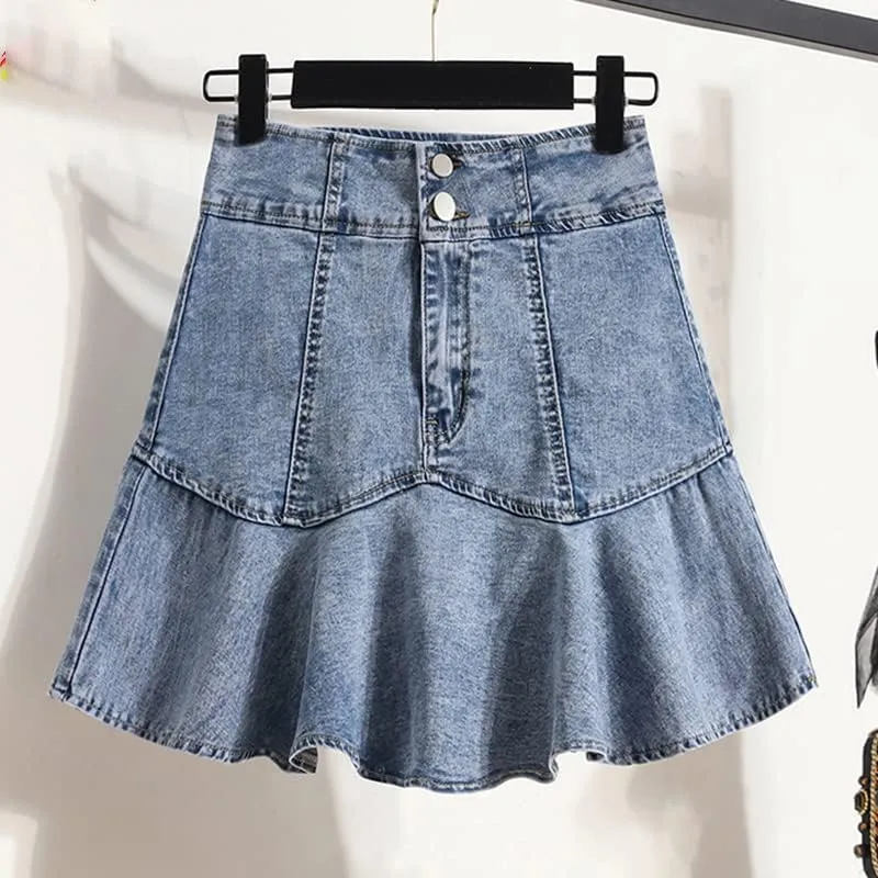 FIVETOSEVEN Summer Denim Skirt for Women Double Buttons Up Bottom Pleated Mini Jeans Skirt with Lining Casual Ruffles Skirts