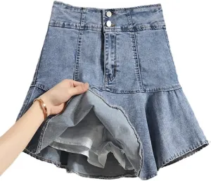 FIVETOSEVEN Summer Denim Skirt for Women Double Buttons Up Bottom Pleated Mini Jeans Skirt with Lining Casual Ruffles Skirts