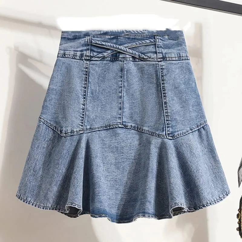 FIVETOSEVEN Summer Denim Skirt for Women Double Buttons Up Bottom Pleated Mini Jeans Skirt with Lining Casual Ruffles Skirts